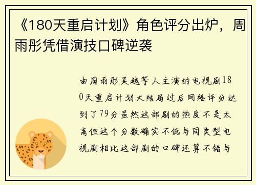 《180天重启计划》角色评分出炉，周雨彤凭借演技口碑逆袭