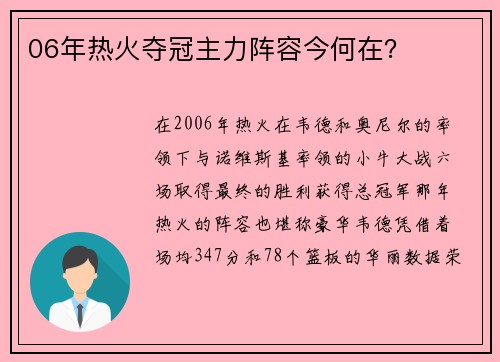 06年热火夺冠主力阵容今何在？