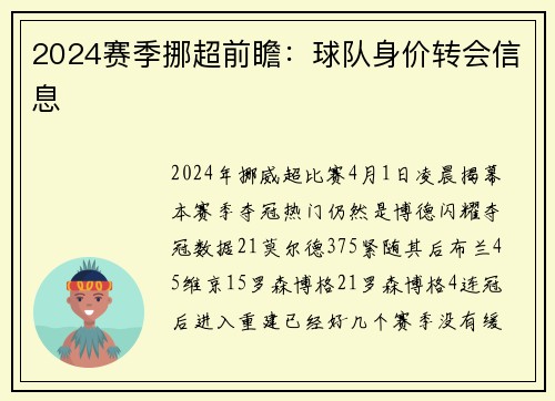 2024赛季挪超前瞻：球队身价转会信息