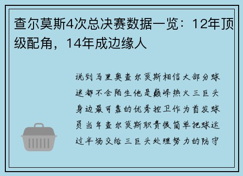查尔莫斯4次总决赛数据一览：12年顶级配角，14年成边缘人