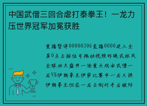 中国武僧三回合虐打泰拳王！一龙力压世界冠军加冕获胜